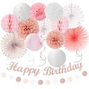 Pink White Rose Gold Birthday Party Decorations Banner Paper Lantern Pom Poms